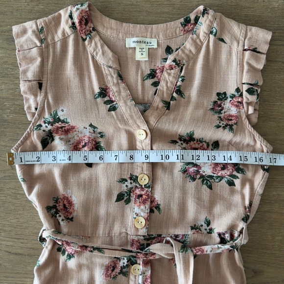 Monteau Rose Floral Linen Blend-Belted Button Up Flattering Sun Dress-Size S - Picture 12 of 16